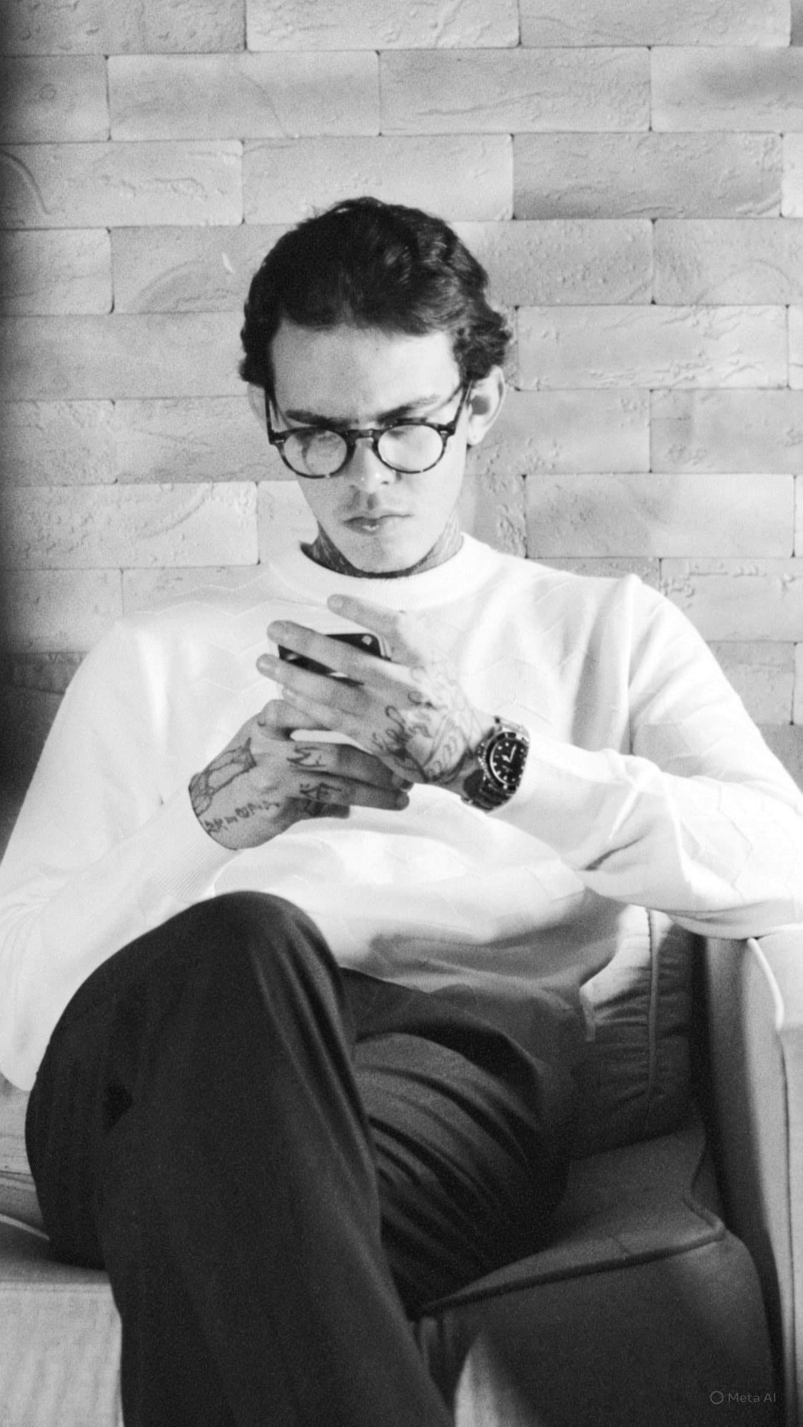 Taylon lendo o celular, sentado